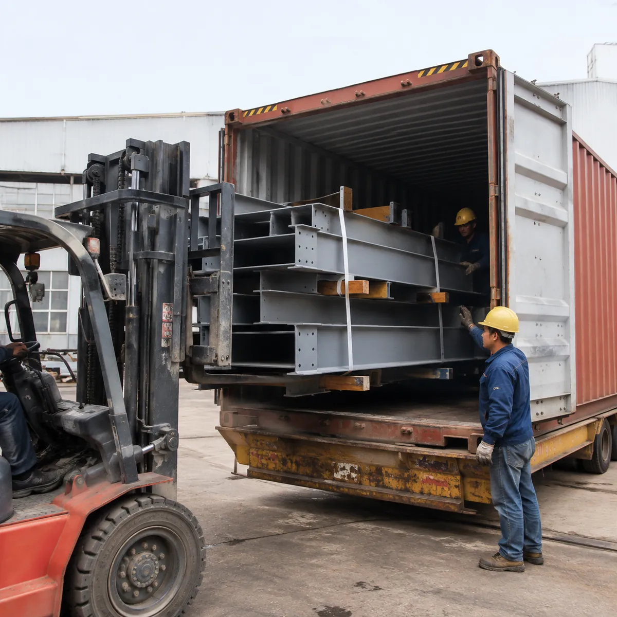 Steel building members loaded into a shipping container with a forklift