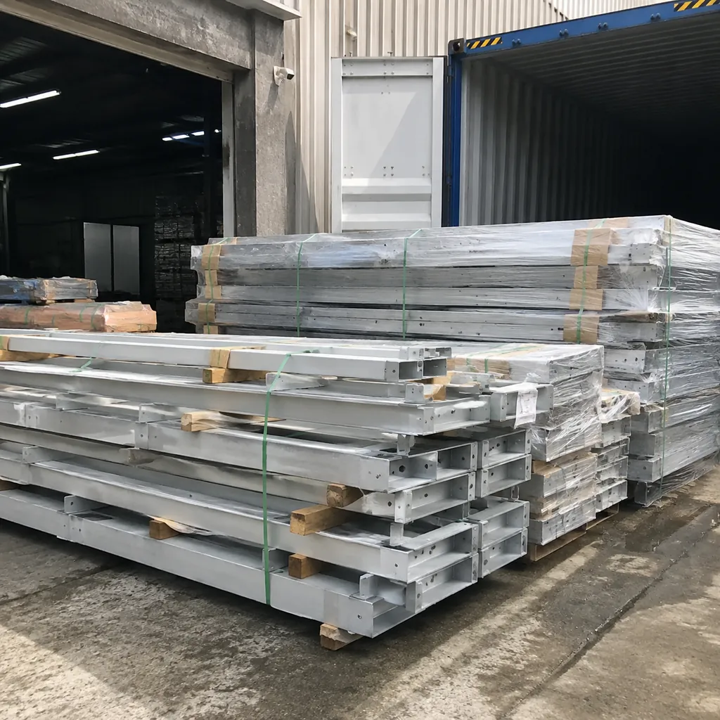 Stacked steel frames and cladding panels staged at a loading dock