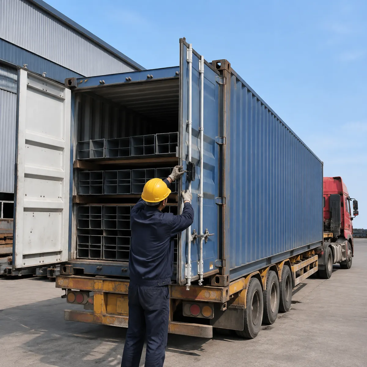 Shipping container being sealed after loading steel members