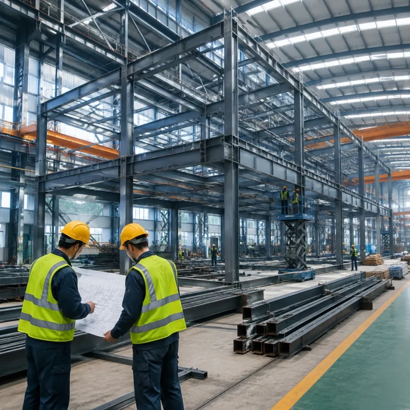 Prefab steel building frame under assembly inside a Chinese fabrication factory