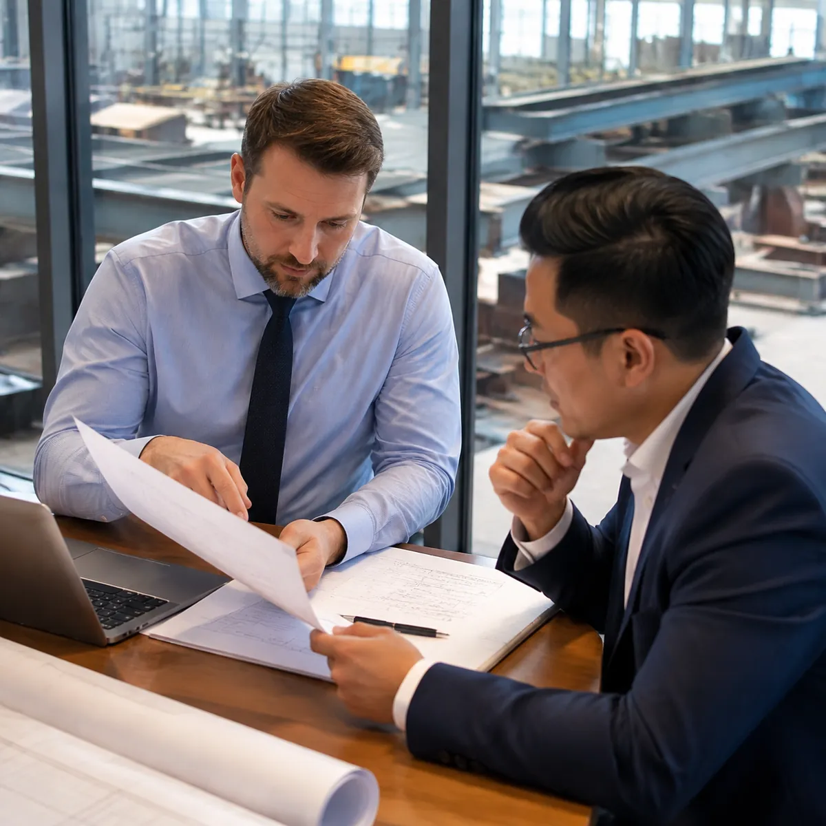 Estimator and buyer reviewing a steel building quotation at a factory office