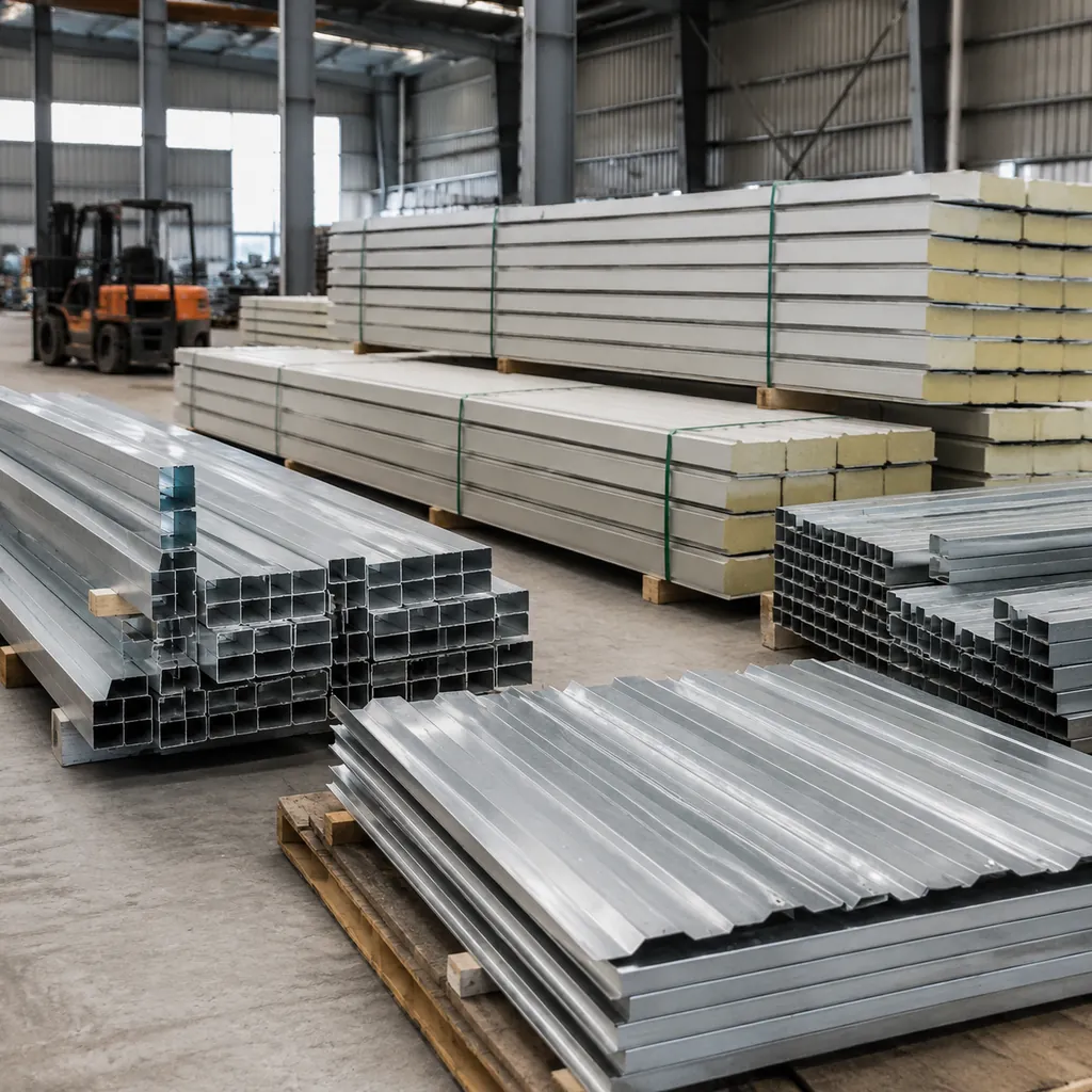 Steel purlins and cladding panels stacked and ready for packing