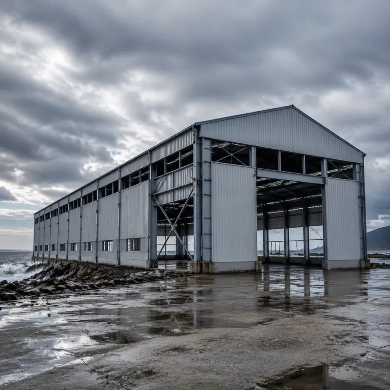Prefab steel warehouse on a coastal site designed for strong wind loads