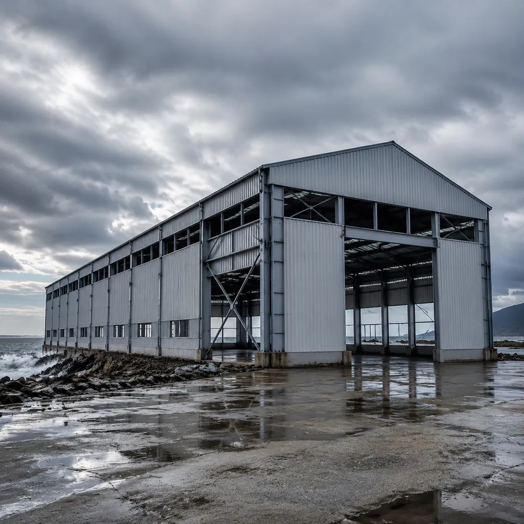 Prefab steel warehouse on a coastal site designed for strong wind loads