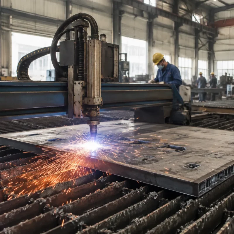 Steel structure fabrication CNC plasma cutting in a Chinese factory workshop