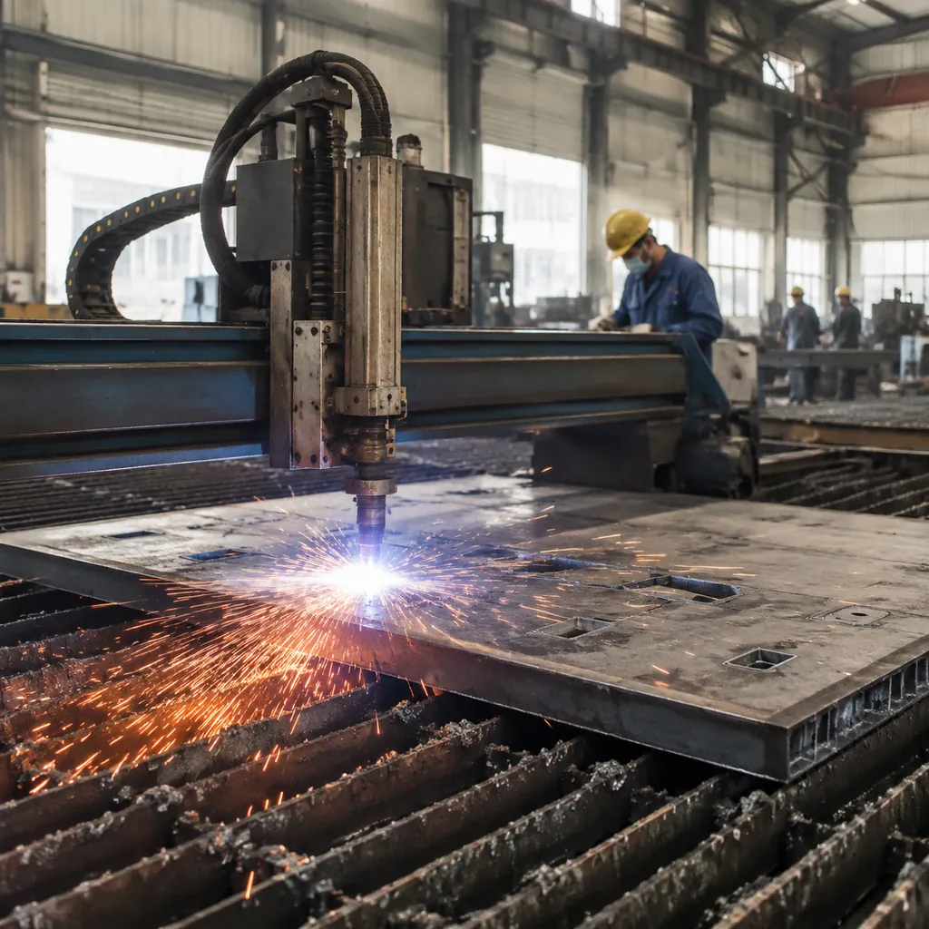 Steel structure fabrication CNC plasma cutting in a Chinese factory workshop