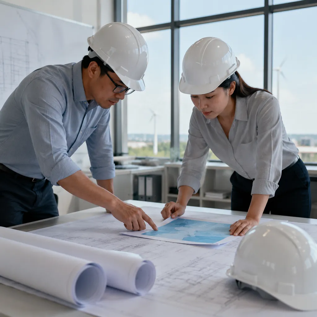 Engineers reviewing a wind load calculation sheet and wind speed map