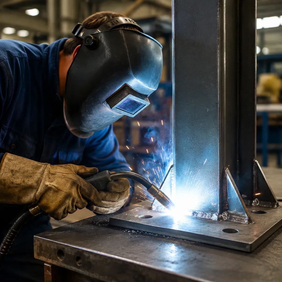 Certified welder welding steel column flange in a prefab steel factory