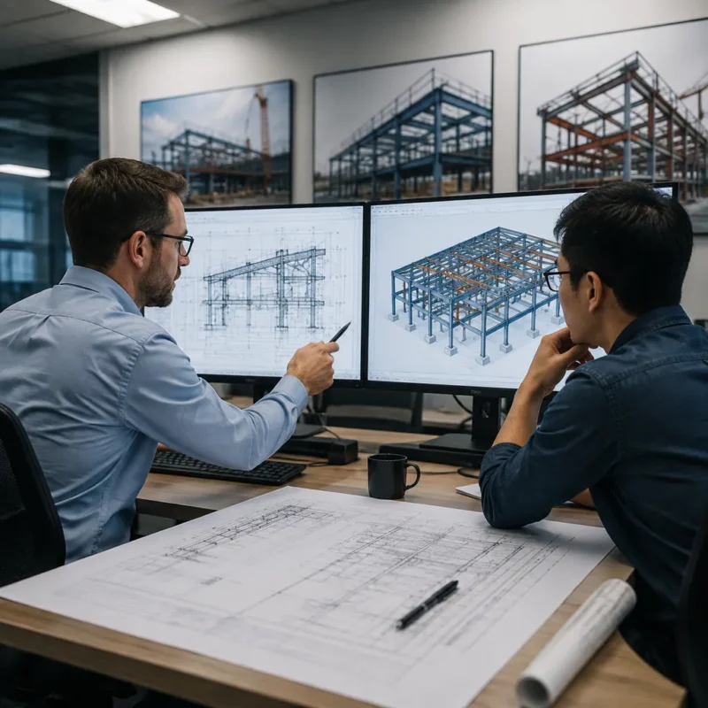 Structural engineers reviewing steel building shop drawings and 3D model in engineering office
