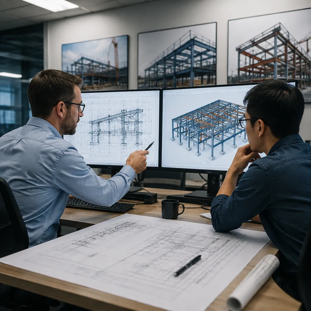Structural engineers reviewing steel building shop drawings and 3D model in engineering office