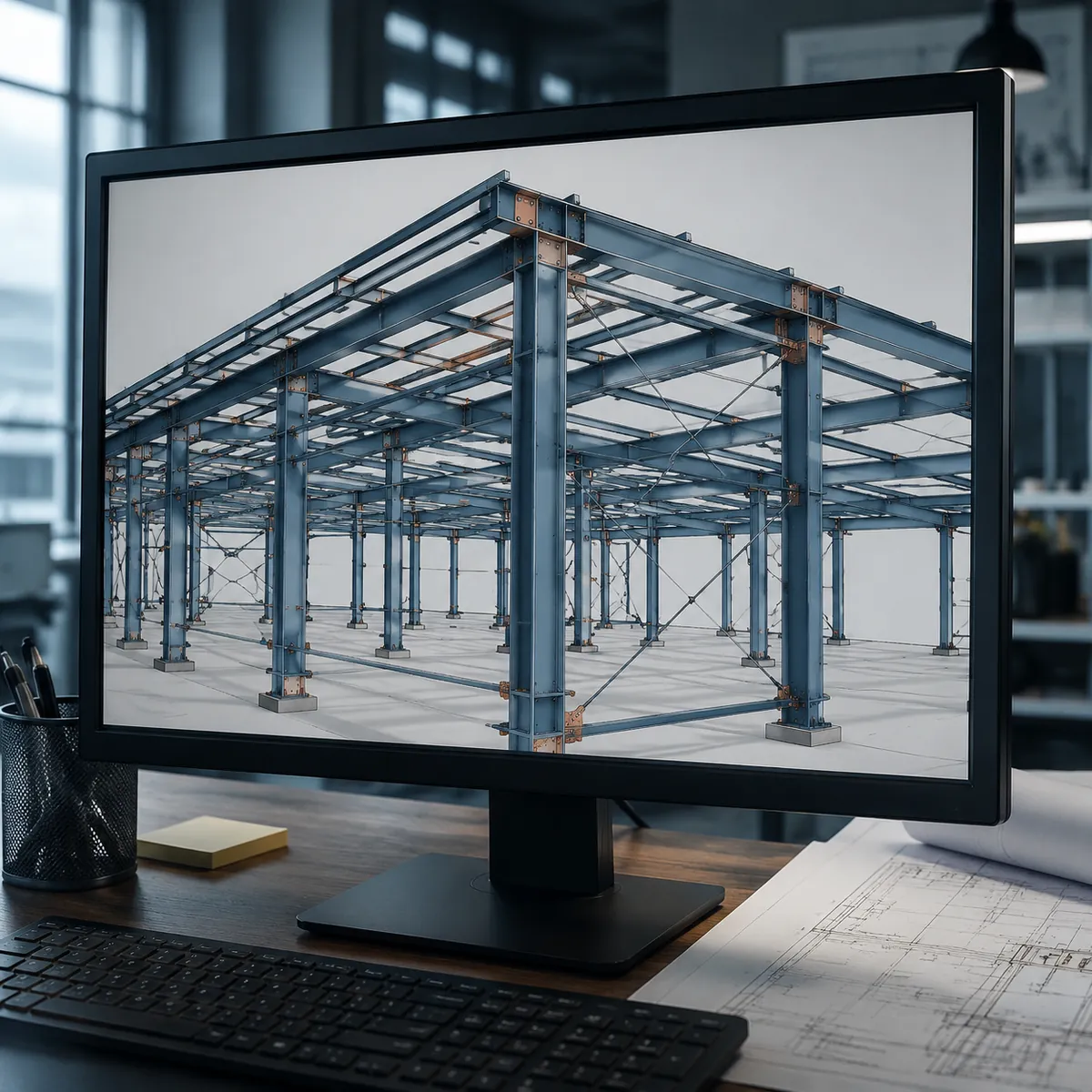 3D structural model of steel building portal frame on computer monitor