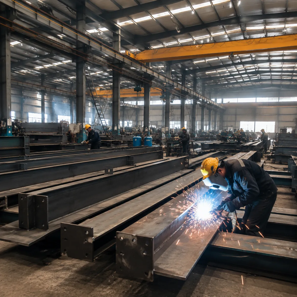 Steel columns and rafters fabricated in a factory hall