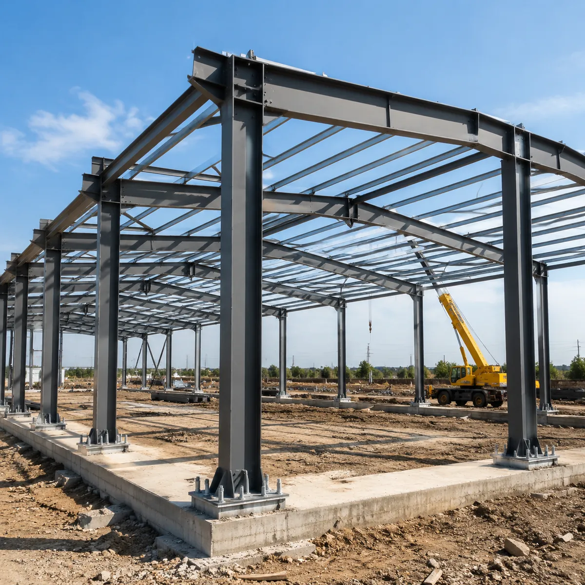 Prefab steel warehouse steel frame erected with crane on construction site