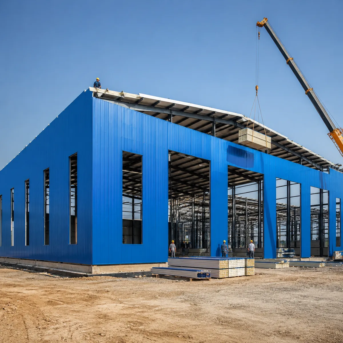 Prefab steel warehouse with sandwich panel cladding under construction