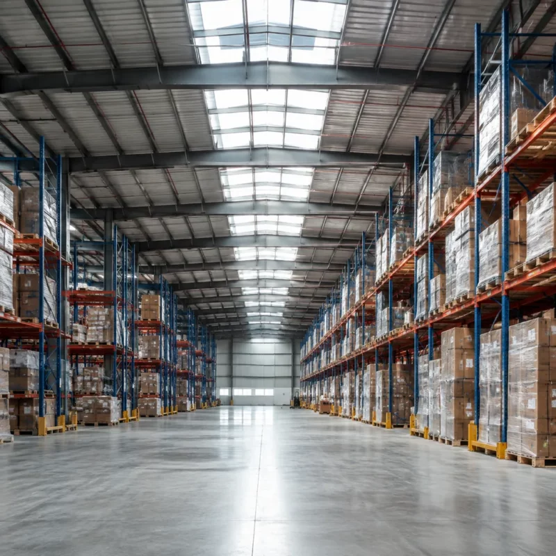 Interior of clear span steel warehouse with pallet racking and skylights
