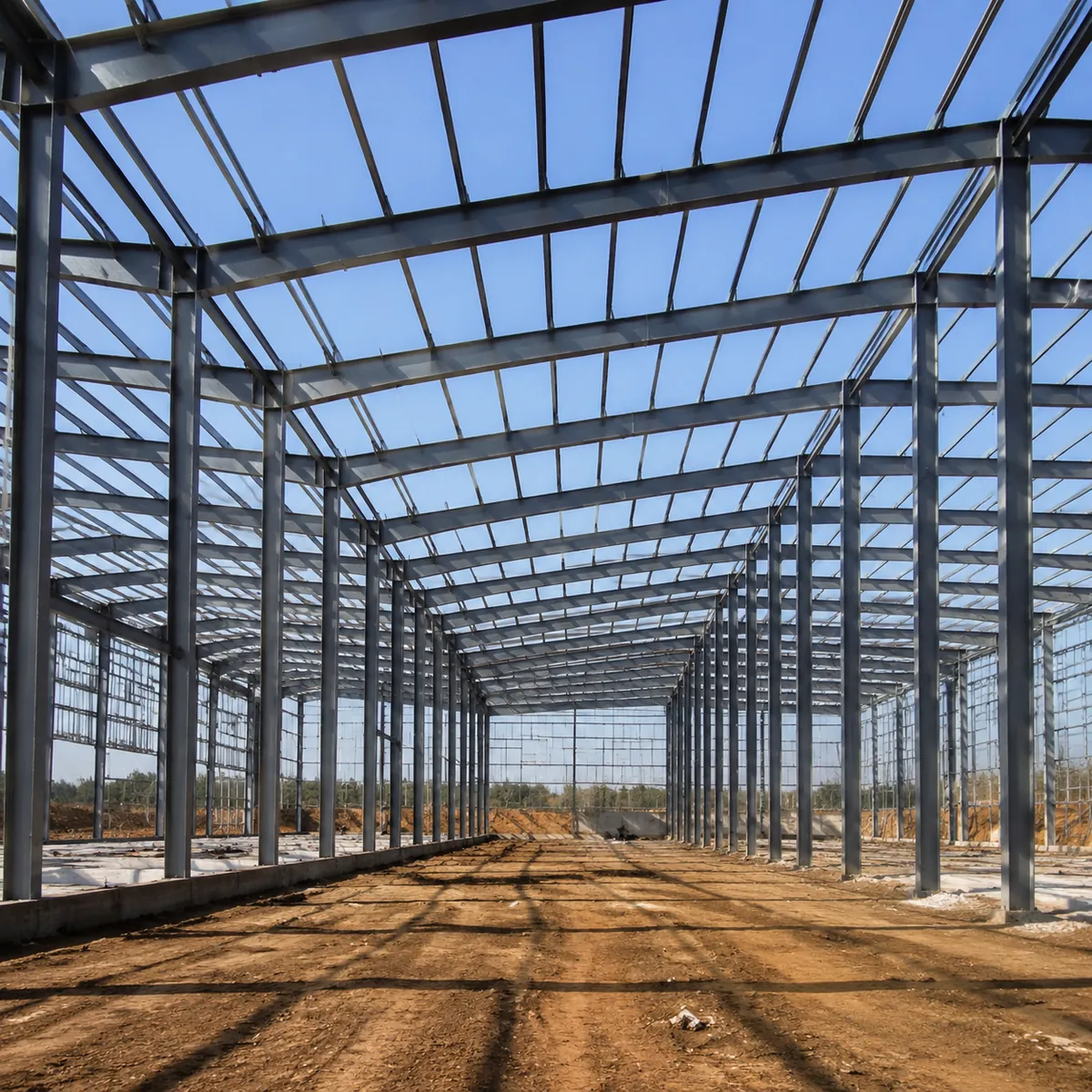 Multi-span steel warehouse under construction with interior column rows