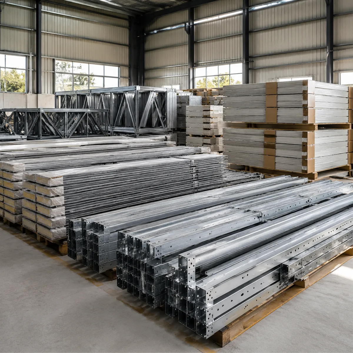 Steel frame parts and cladding panels stacked for shipping