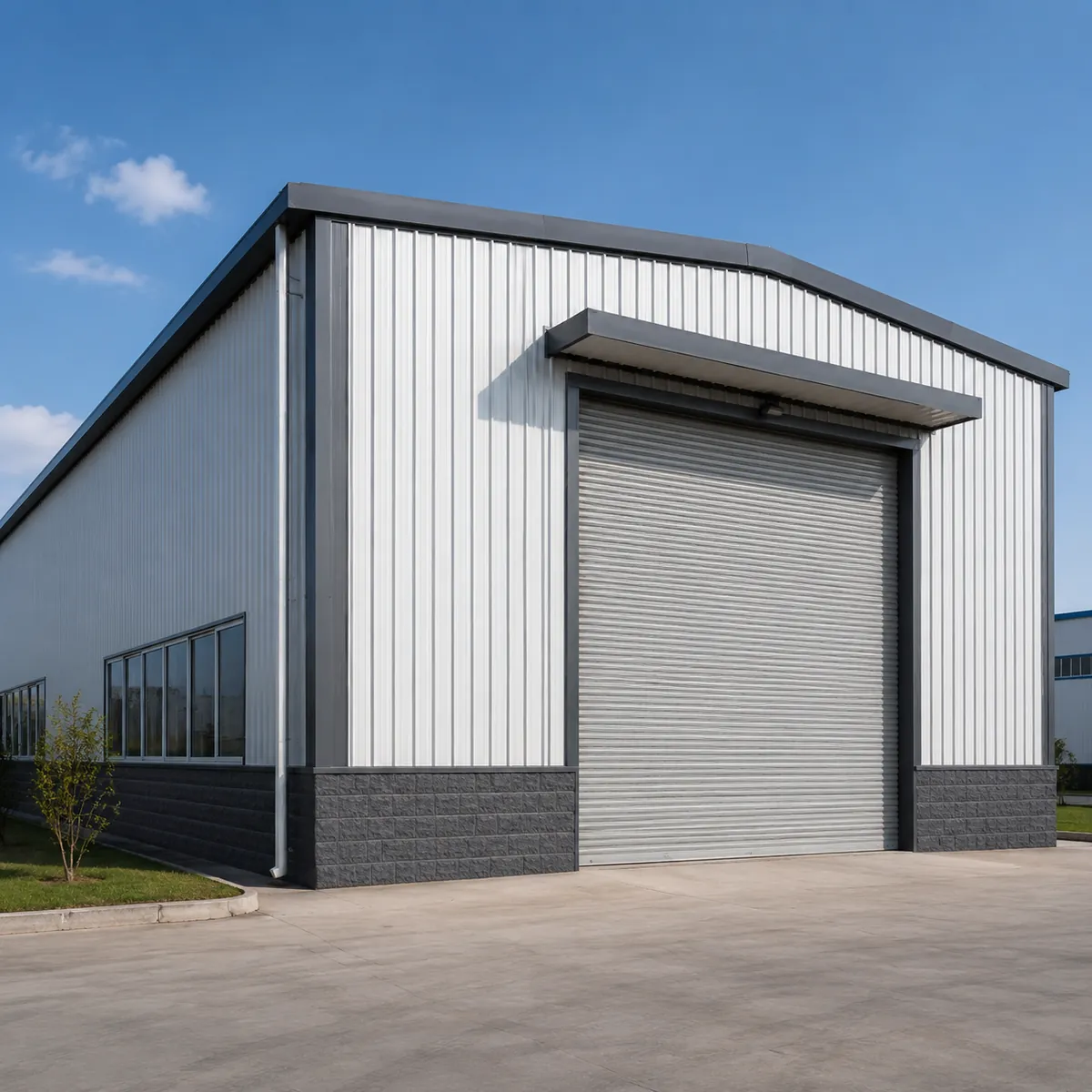 Exterior of prefab steel warehouse with insulated panels and roller door