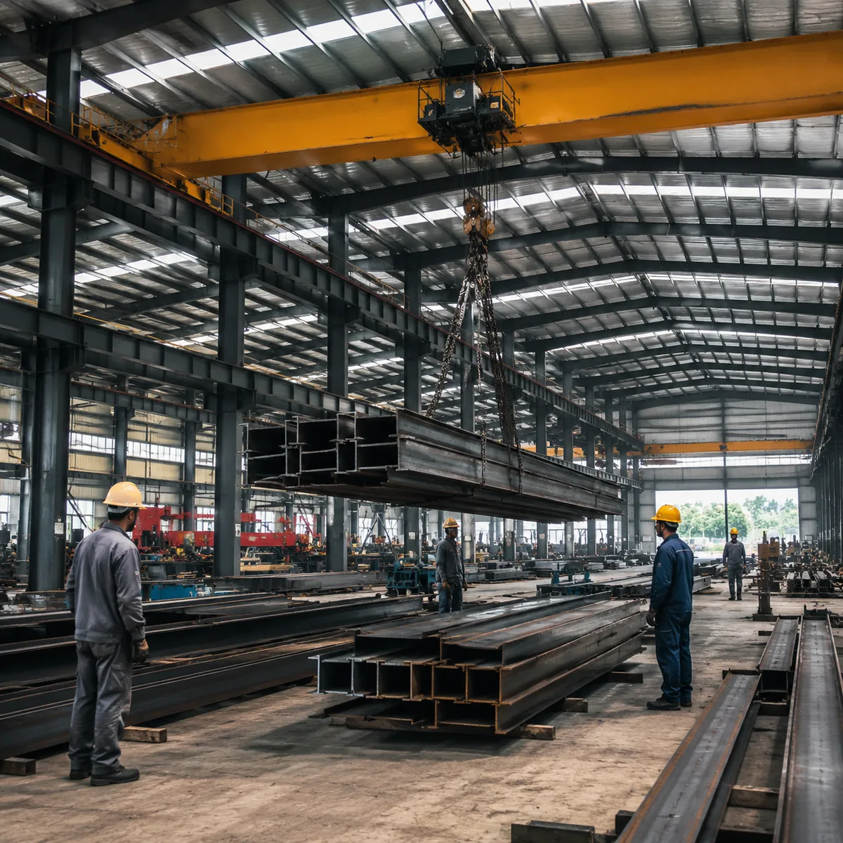 Steel workshop interior with an overhead crane and steel beams