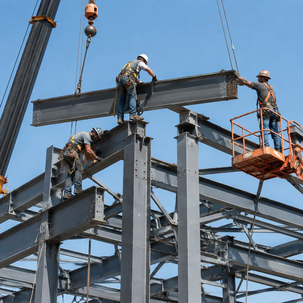 Steel erectors installing primary steel frames of pre-engineered building with crane