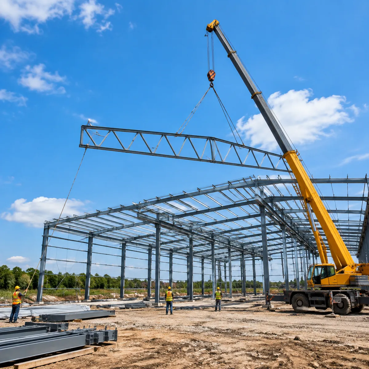 Wide clear-span steel workshop under construction with roof trusses