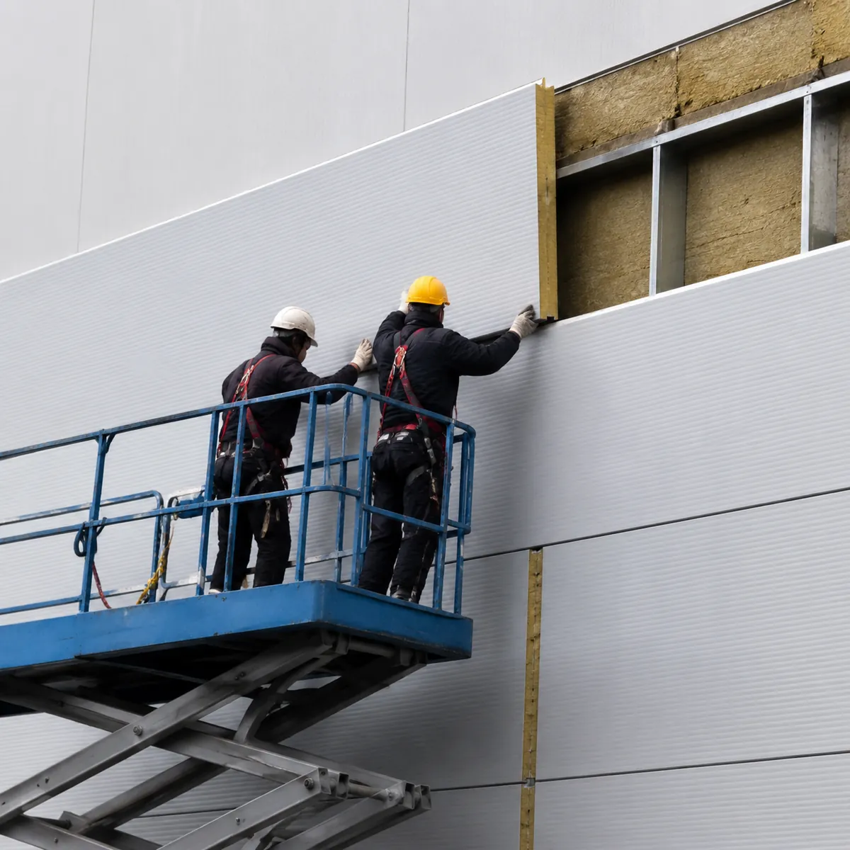 Workers installing insulated sandwich wall panels on a workshop