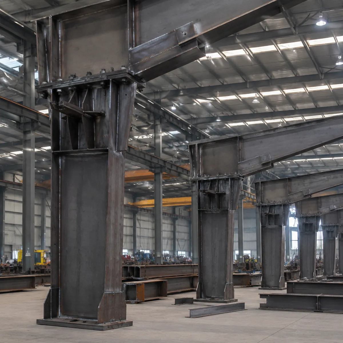 Tapered built-up steel columns and rafters welded in PEB workshop
