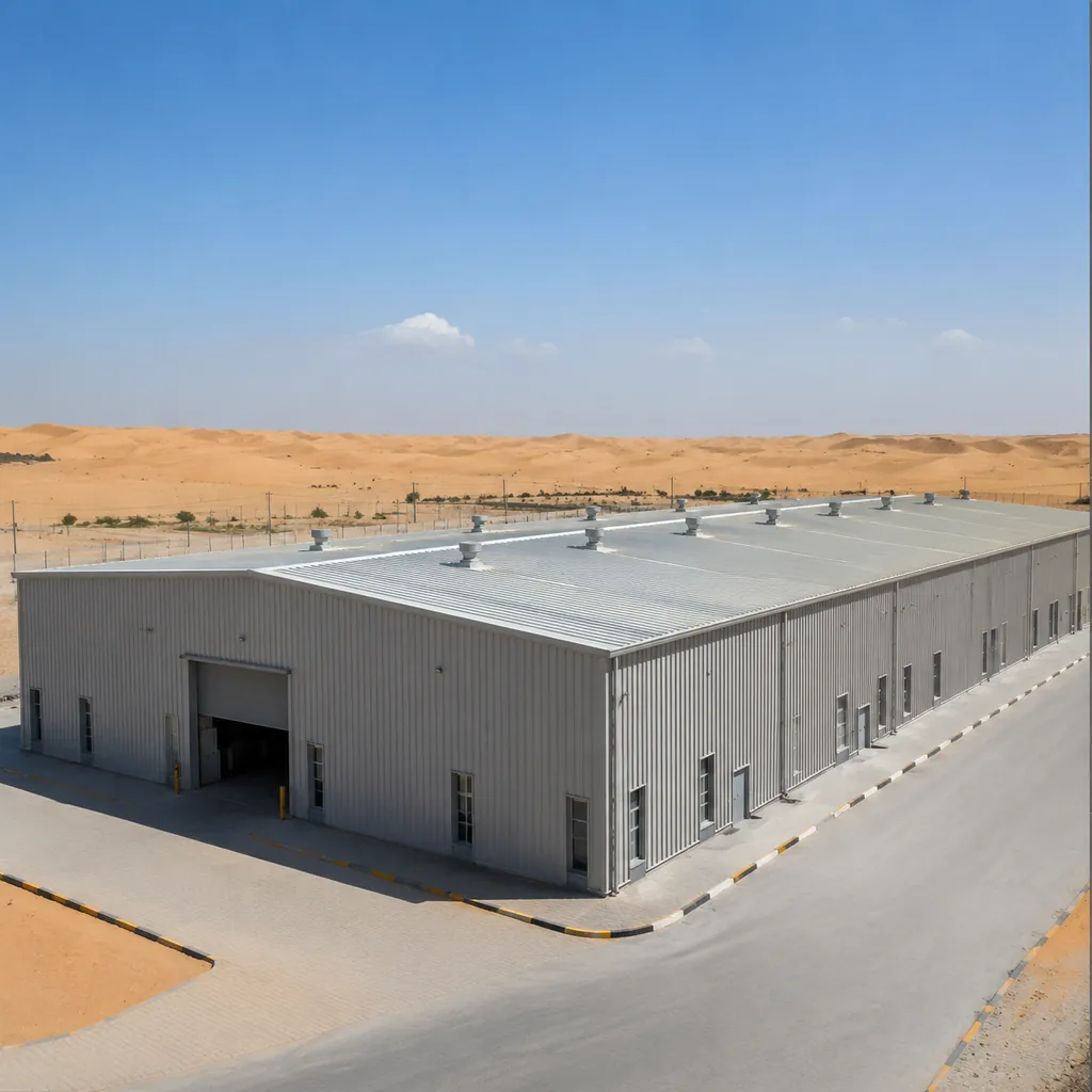 Steel warehouse building under desert sun in the UAE
