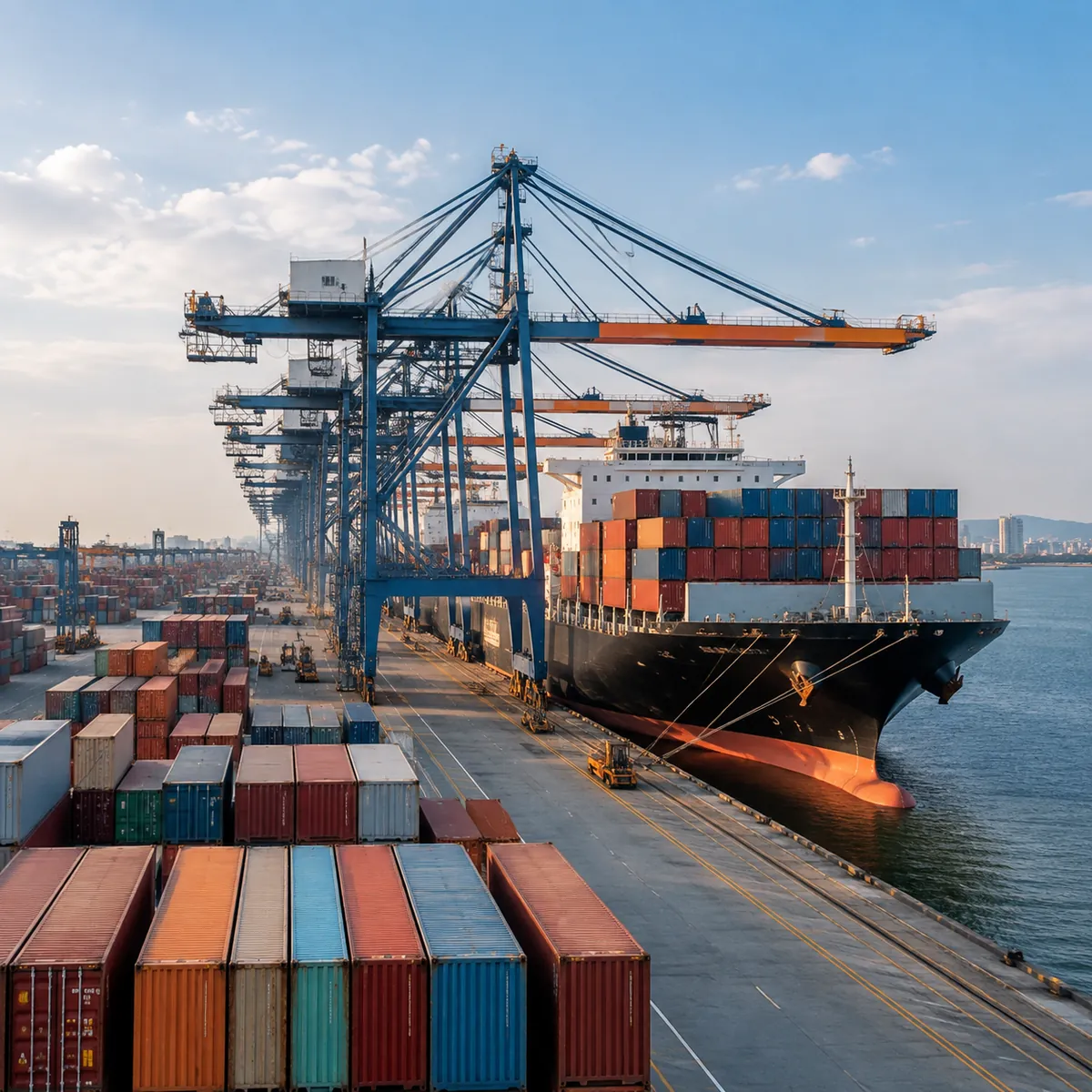 Container port with cargo ship and gantry cranes unloading containers
