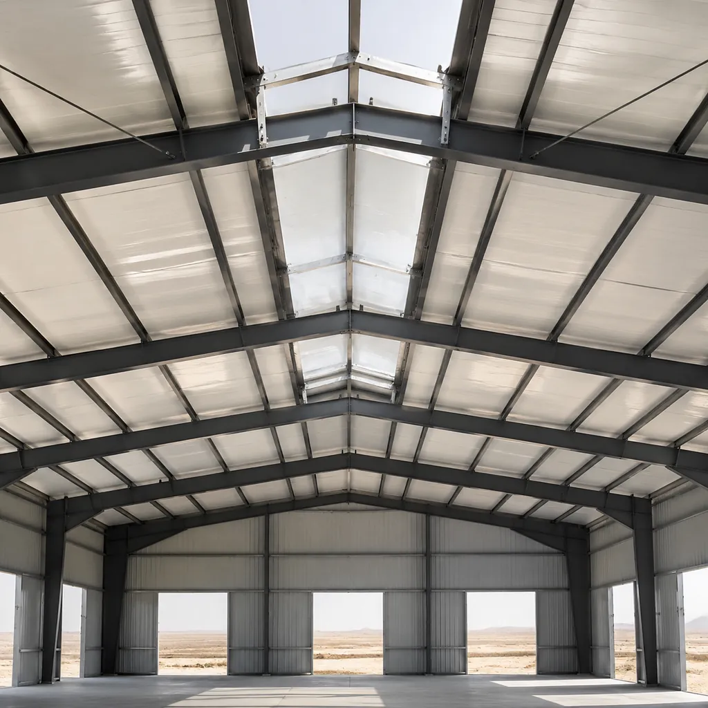 Steel warehouse interior with ridge ventilation and insulated roof panels