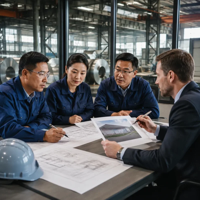 Engineers and buyer reviewing steel building proposal and drawings in office meeting