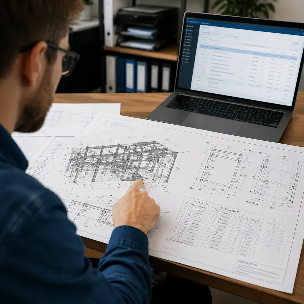 Engineer pointing at steel structure drawings at office desk with laptop