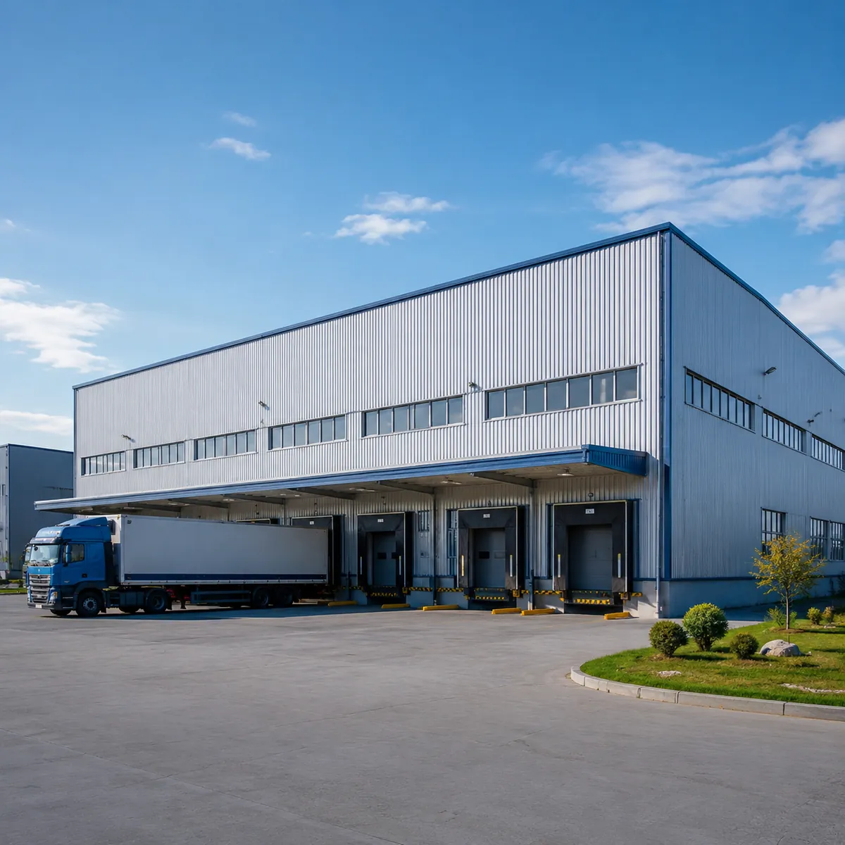 Exterior of prefab steel factory building with loading dock and trucks