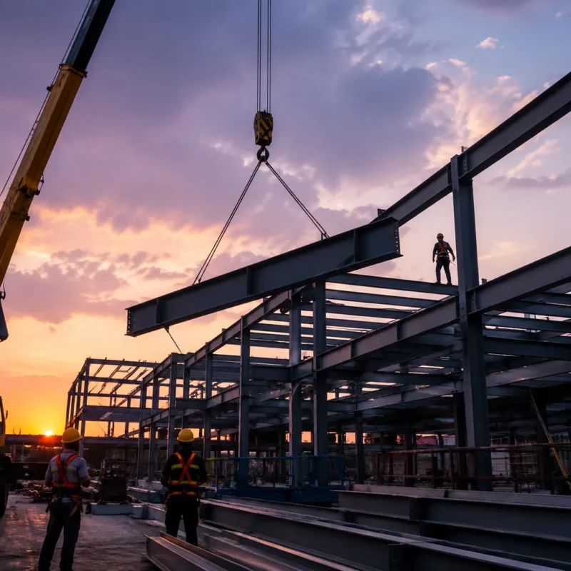 Crane lifting steel rafter into place at steel erection site at dusk