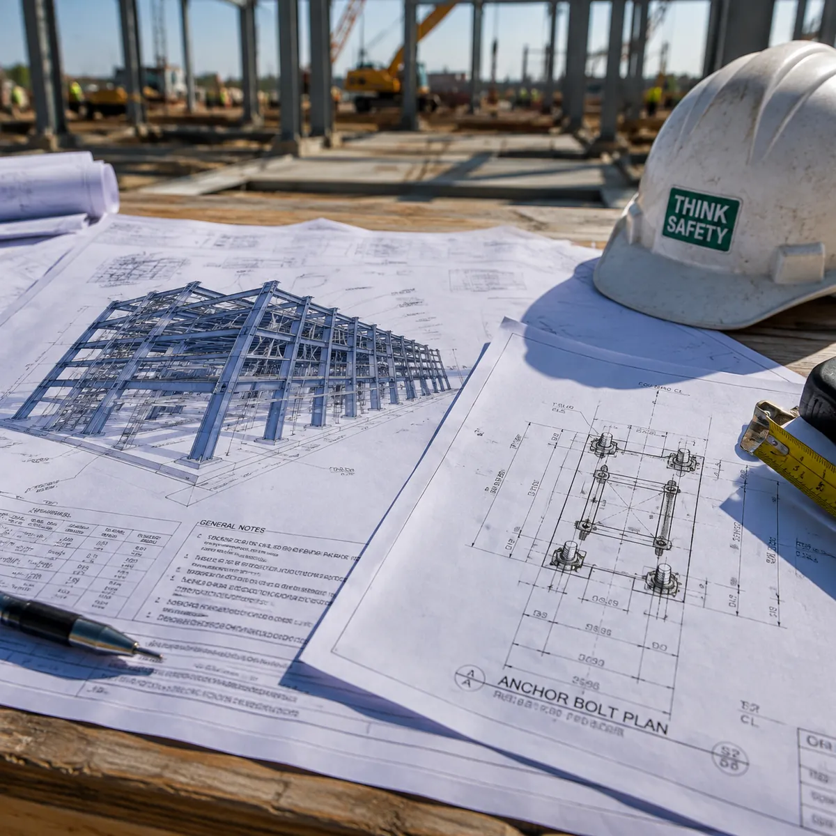 Steel building erection drawings and anchor bolt plan on construction site table