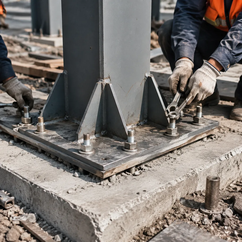 Crew bolting steel column base plate to concrete foundation with anchor bolts
