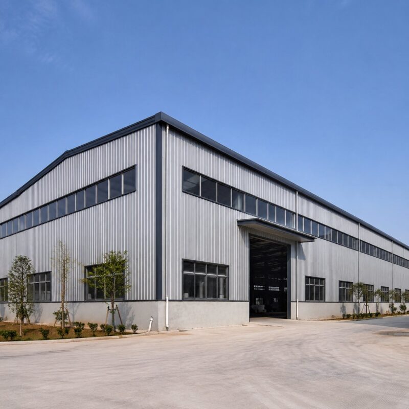 Prefabricated steel warehouse building with metal cladding