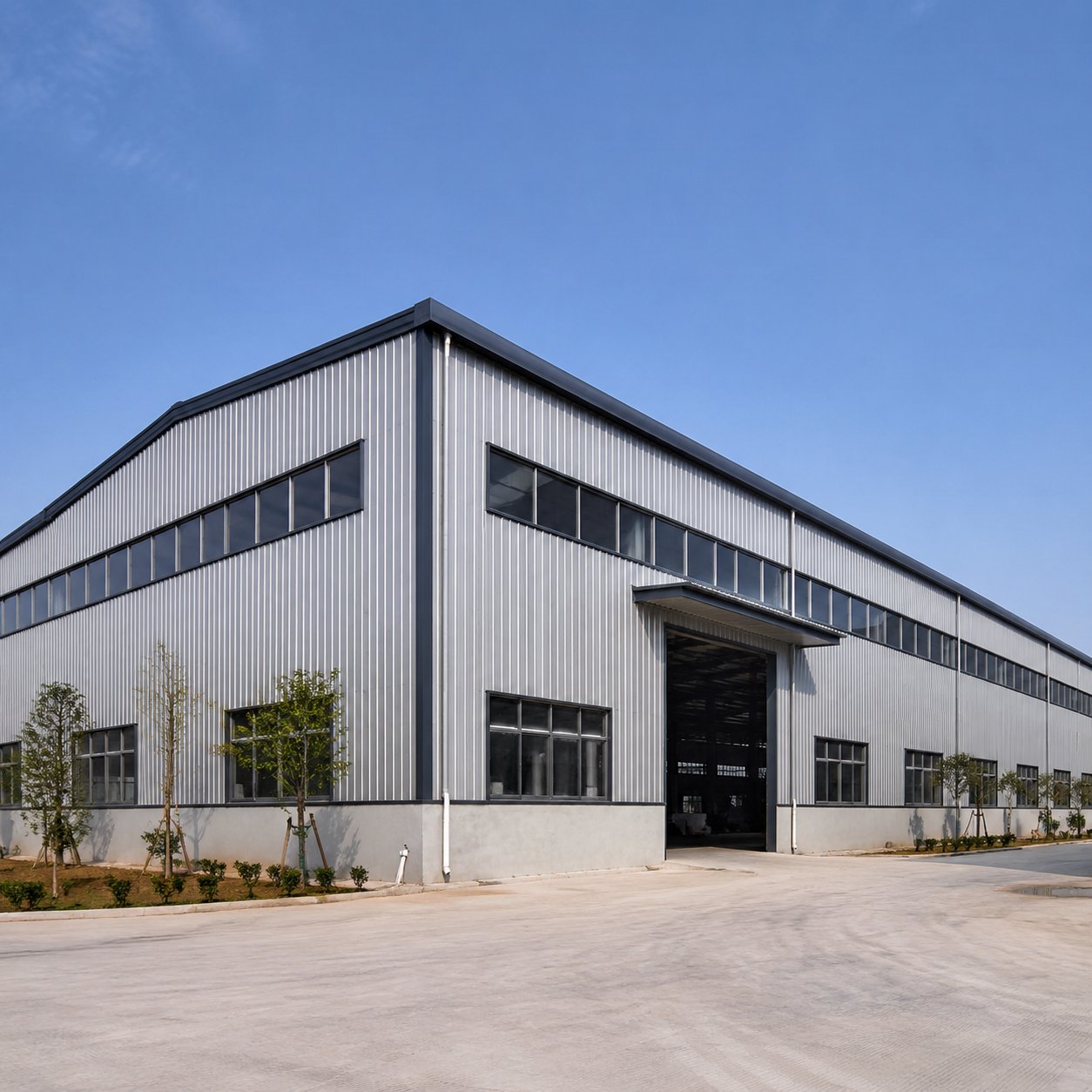 Prefabricated steel warehouse building with metal cladding