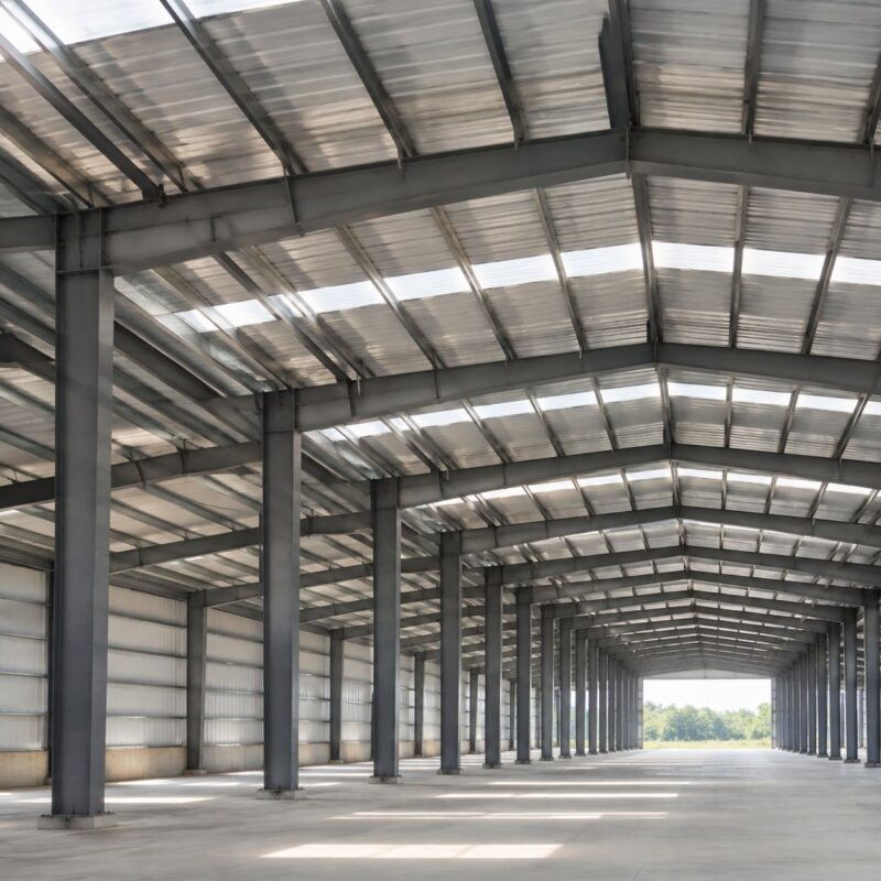 Interior of a steel frame building showing portal frame structure