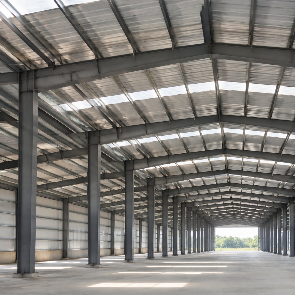 Interior of a steel frame building showing portal frame structure