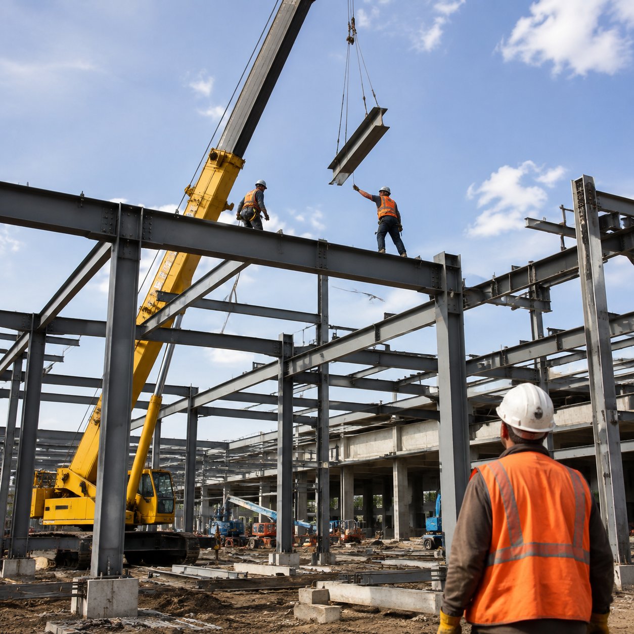 Construction workers erecting a steel building frame with a crane