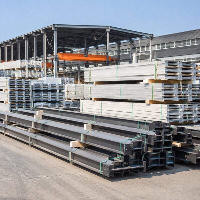 Steel building components packed for shipping at a factory yard