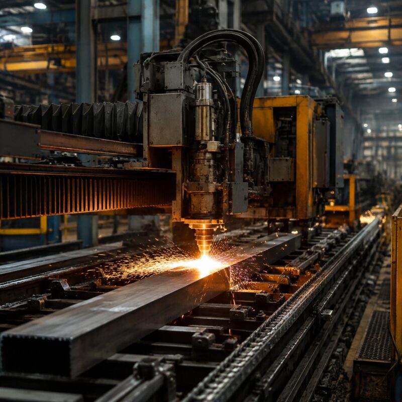 Steel factory production line with CNC machine cutting steel beams
