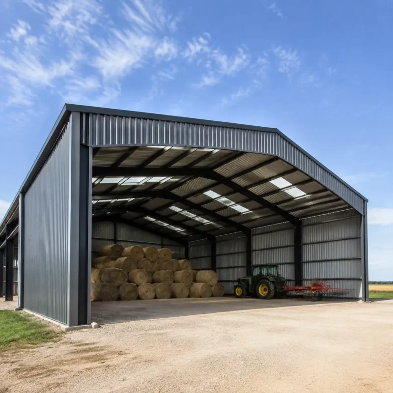Clear span agricultural steel building on a farm