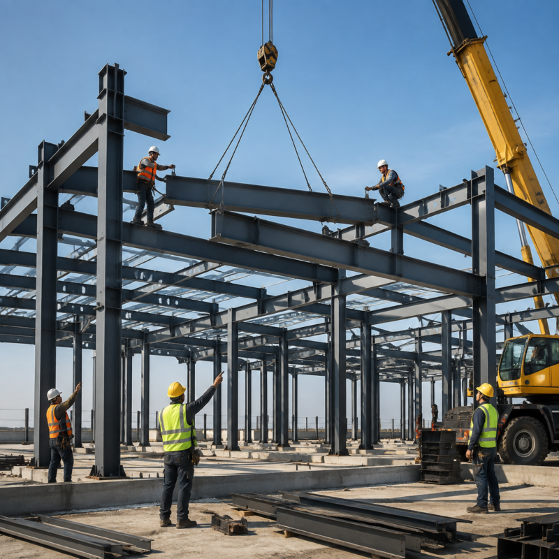 Steel frame erection at prefab building site