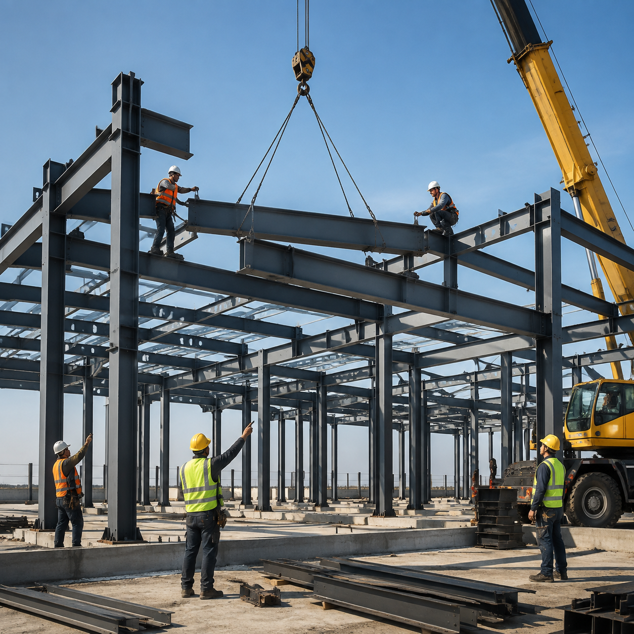 Steel frame erection at prefab building site