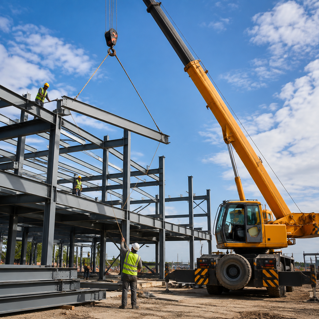 steel building installation with mobile crane