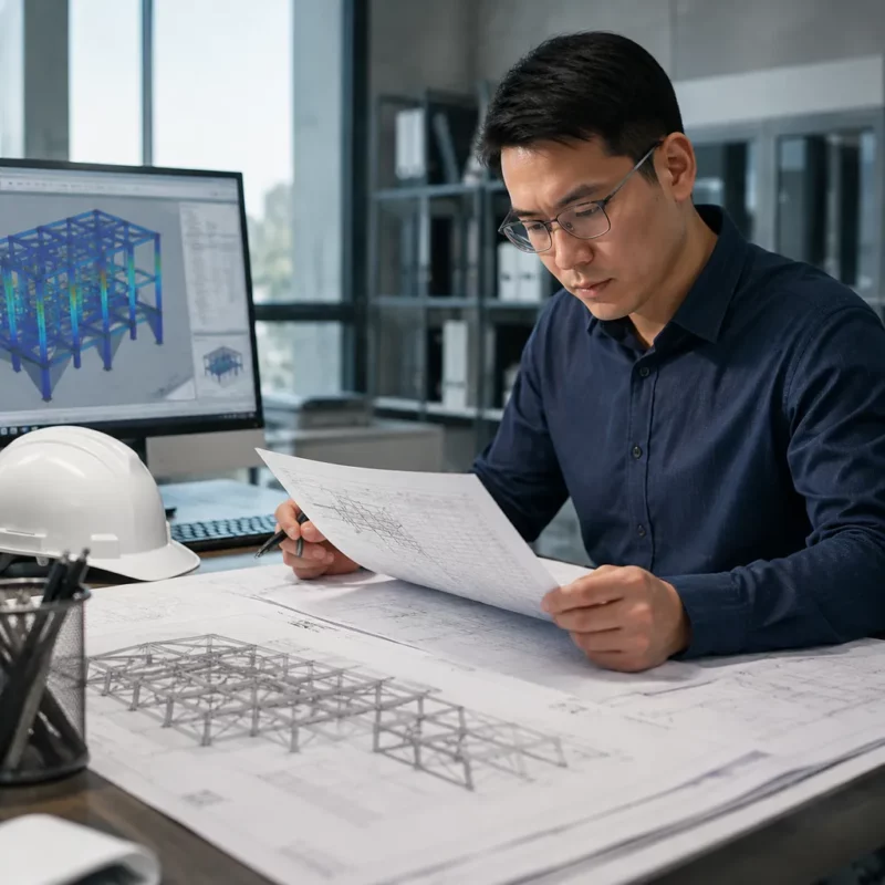 Engineer reviewing a steel building structural calculation report
