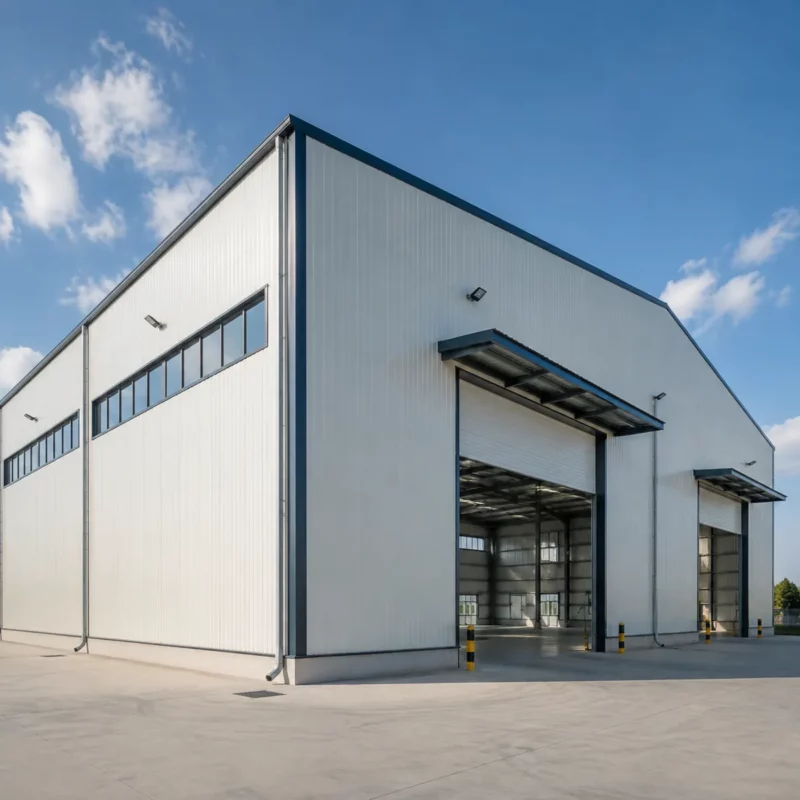 Photorealistic view of a large steel warehouse with insulated sandwich panel cladding in light color, clean modern industrial building, bright daylight,