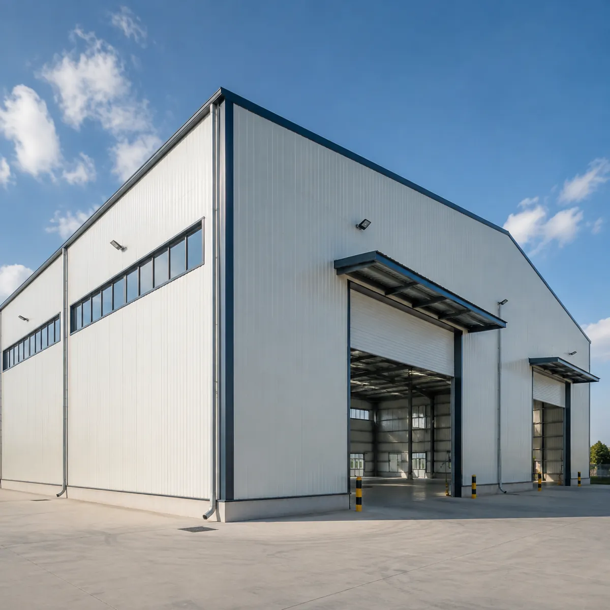 Photorealistic view of a large steel warehouse with insulated sandwich panel cladding in light color, clean modern industrial building, bright daylight,